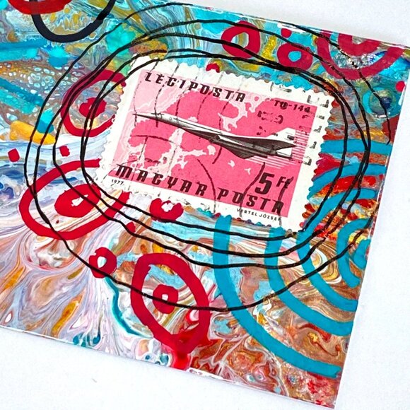ACEO Original Mixed Media Art Concord Aircraft 1970s Hungary Postage Stamp ATC - Picture 2 of 3